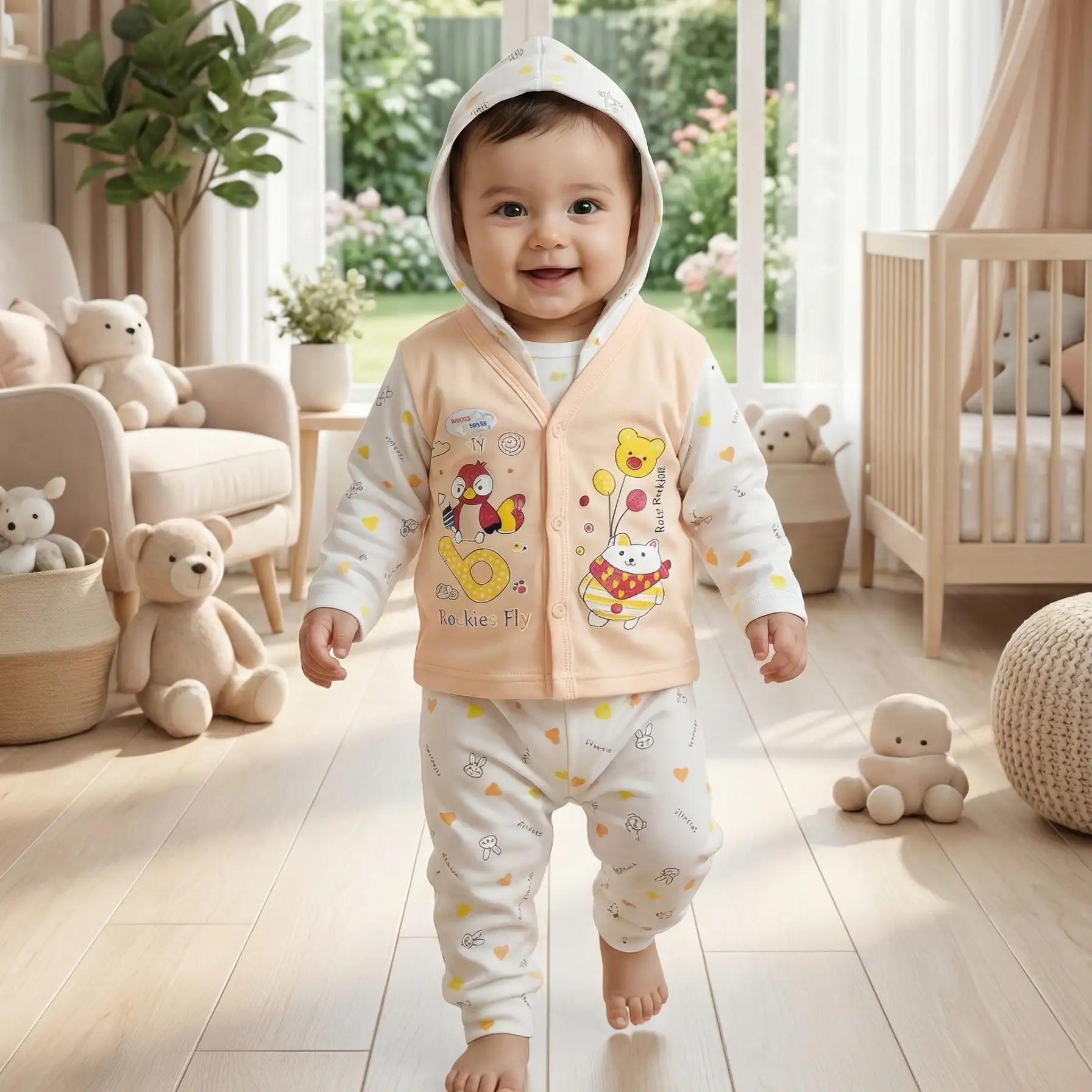 Baby Hooded Cotton Dress Set (Top & Pant)