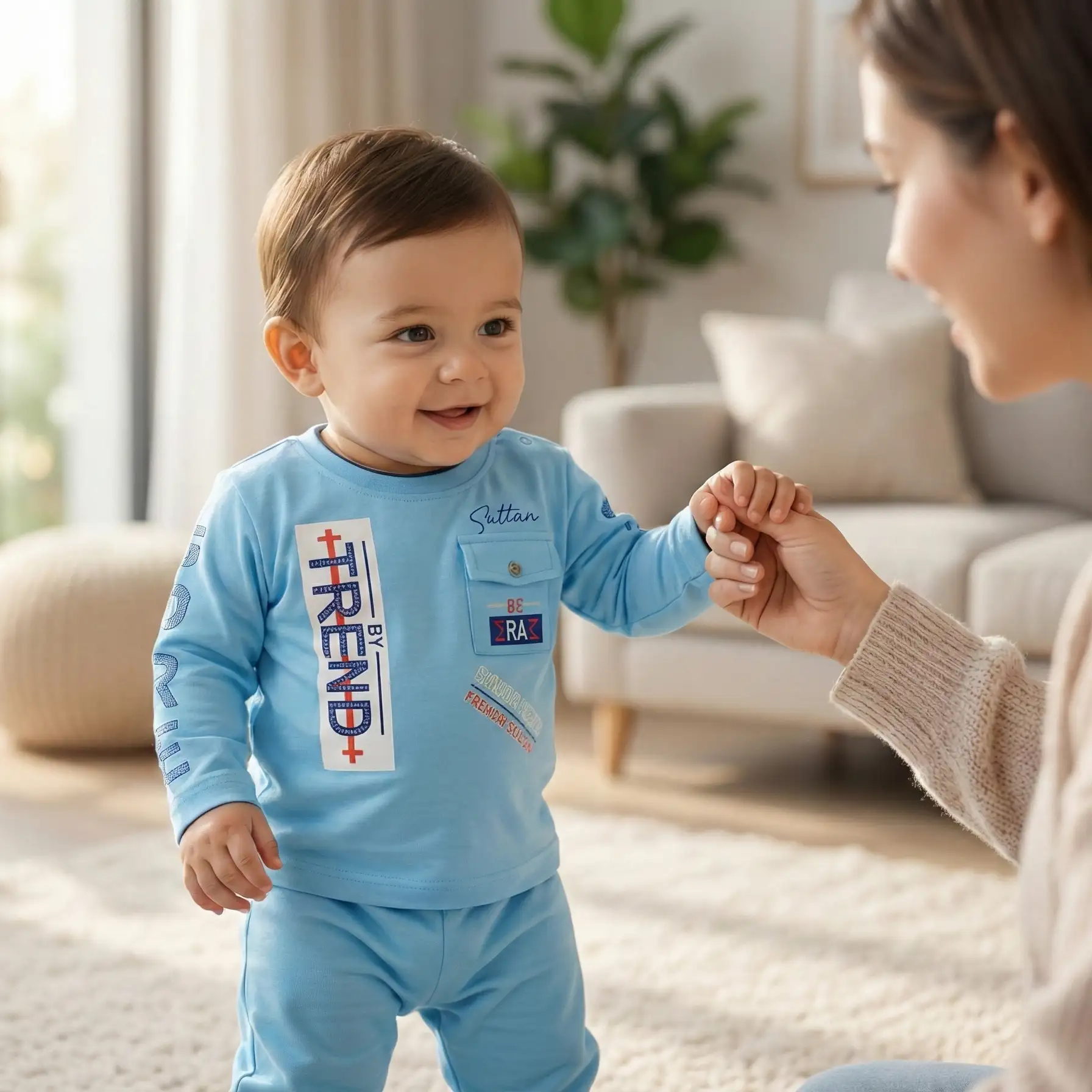 Trendy Sky Blue Baby 2-Piece Cotton Set (Full Sleeve Top & Pant)
